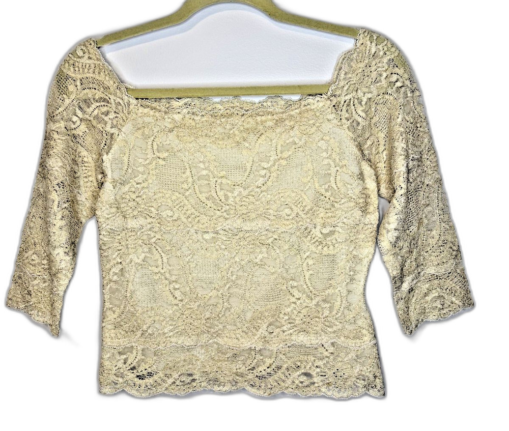 Vintage Kay Celine Lace Top 3/4 Sleeve Front Lined Sheer Back Ivory Sz M 90's